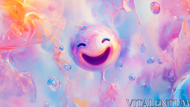 Chromatic fluid smiley sphere in iridescent vapor field.