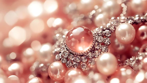 Blush gemstone brooch with pearls and glittering crystals.