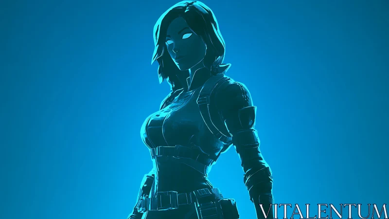 Cyber assassin silhouette glows under neon blue light.