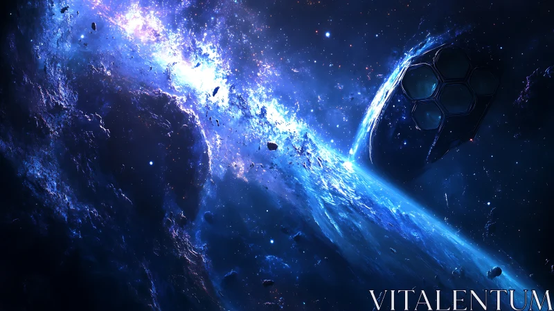 Digital space rift with hexagonal vessel and debris field geometry.