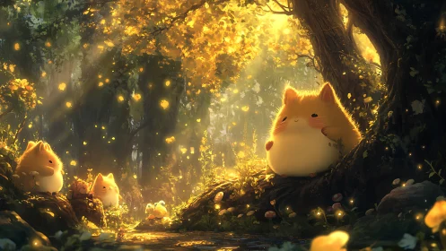 Chubby forest creatures in glowing golden woodland clearing.