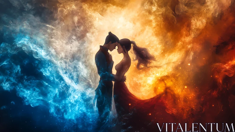Fire and Ice Embrace. Lovers Kiss Amid Elemental Chaos.