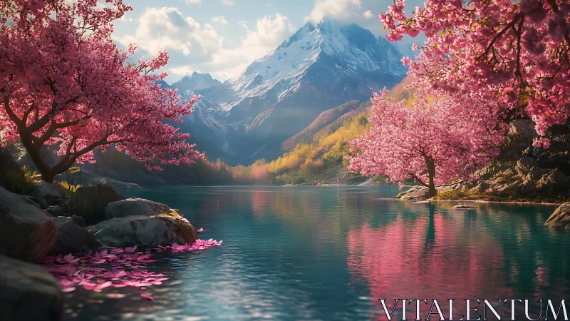 Serene cherry blossom lake embraced by quiet mountain peaks.