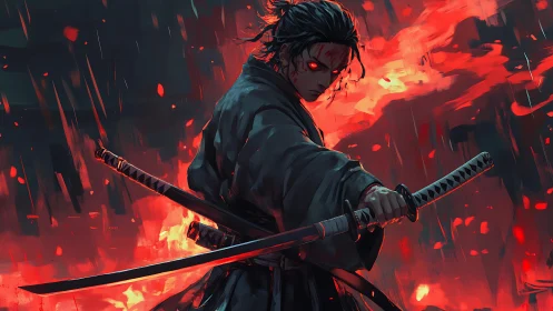 Demonic-eyed samurai holds twin katanas amid infernal blaze