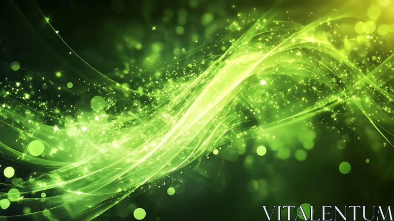 Luminous Green Abstract Waves with Sparkling Light Effects.