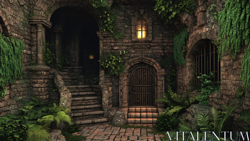 Stone passage and wooden door in overgrown courtyard.