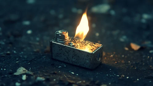 Stray streetlighter flame glows against deep urban dusk.