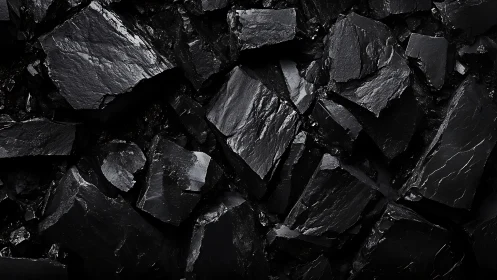 Macro study of fractured glossy black shale surfaces, lit precisely.