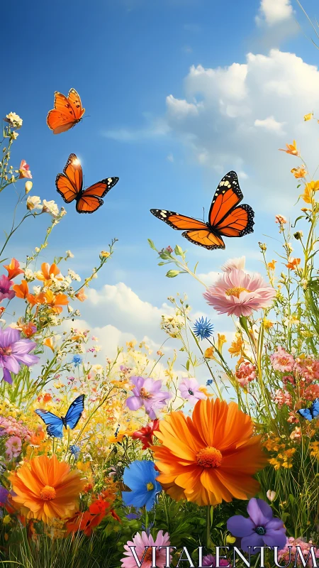 Monarch Butterflies Dancing Above Wildflower Meadow.