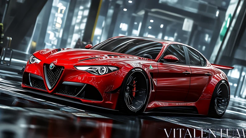 Crimson Alfa Romeo super sedan in glossy urban showcase.