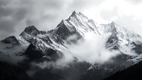 Snow-covered mountain ridge under dense storm clouds.
