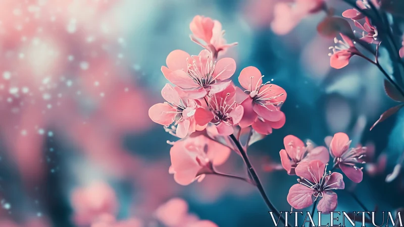 Pink Blossoms Against Blue Background.