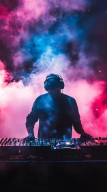 DJ lost in neon mist, shaping sound in glowing clouds.