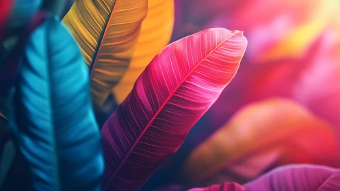 Vibrant close up of neon colored tropical banana leaves.