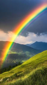 Spectral rainbow over sunlit alpine valley under storm clouds
