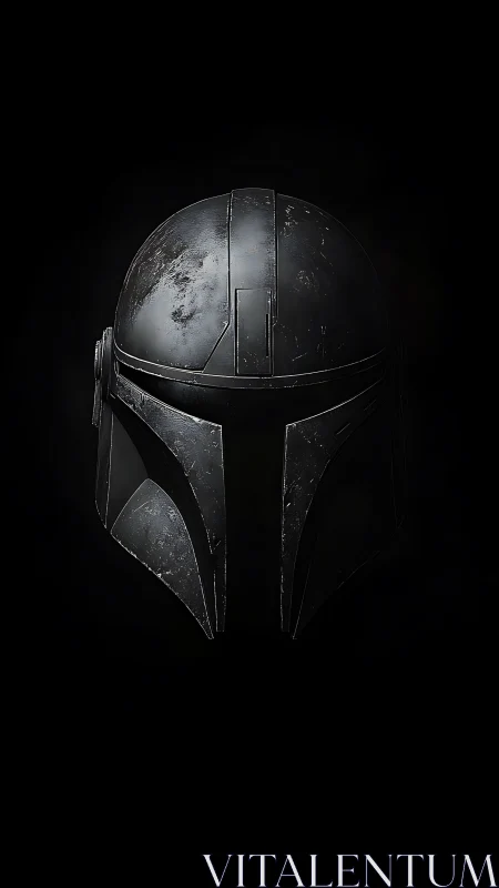 Battle-worn sci-fi helmet floats in stark black void