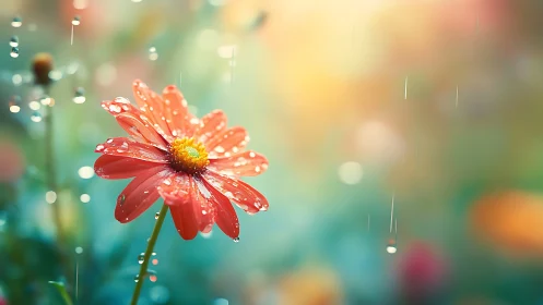 Raindrops Glisten on a Vibrant Red Daisy