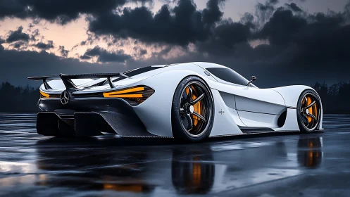 White Mercedes hypercar on wet track under stormy sky.