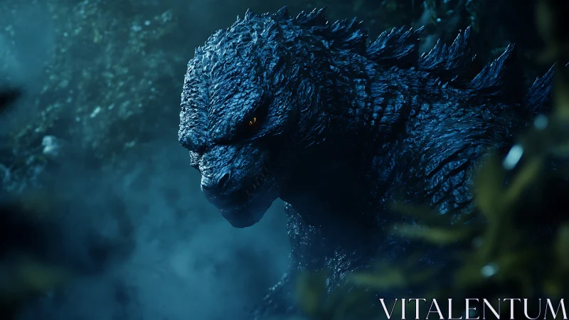 Midnight kaiju prowls through mist-laced jungle shadows.