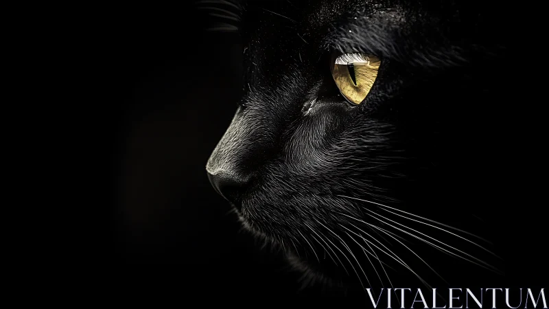 Black Cat Profile with Luminous Golden Eyes Against Dark Background