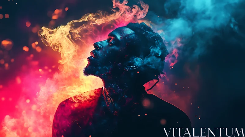 Neon smoke portrait in dual-tone cinematic lighting profile.