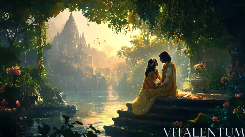 Romantic couple by riverside temple at golden sunset.