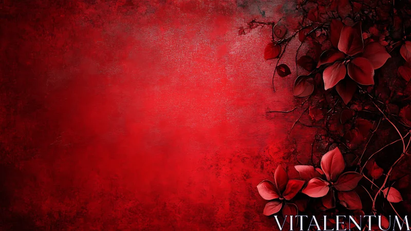 Deep red floral background with dark vines and petals.