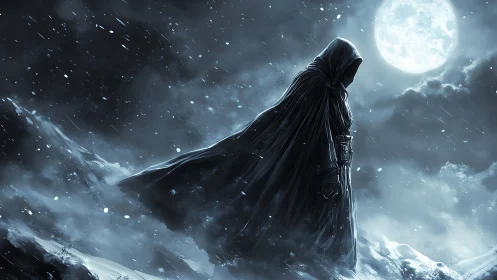 Hooded figure crosses wind‑scarred snowfield under luminous moon