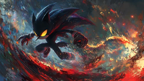 Dark hedgehog figure in dynamic, flame edged motion field.