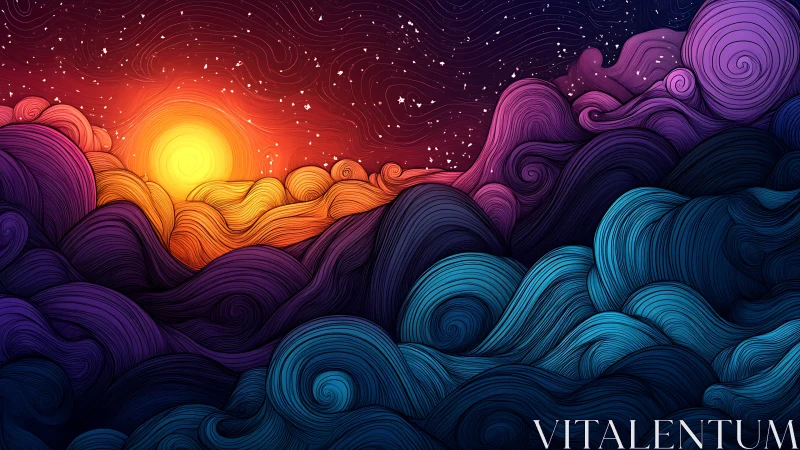 Swirling neon hills embrace a radiant sun at painted dusk