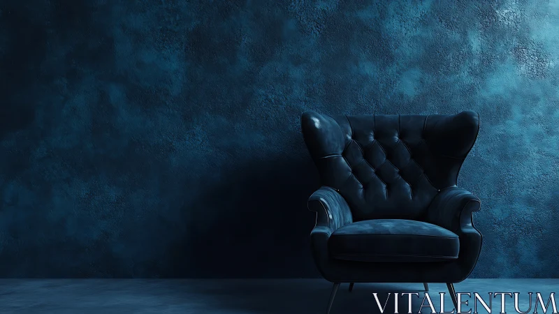 Midnight leather armchair in dramatic minimalist interior.
