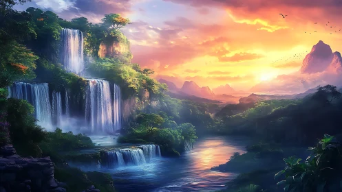 Layered rainforest cascades under volumetric sunset sky.