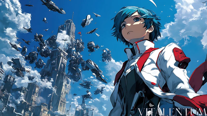 Futuristic anime pilot before vertical sky fortress and drones