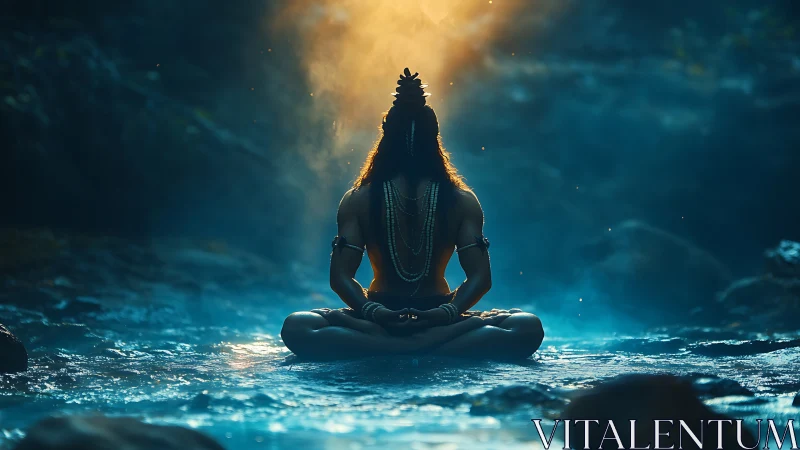 Mystic yogi in river meditation under radiant shaft of light.