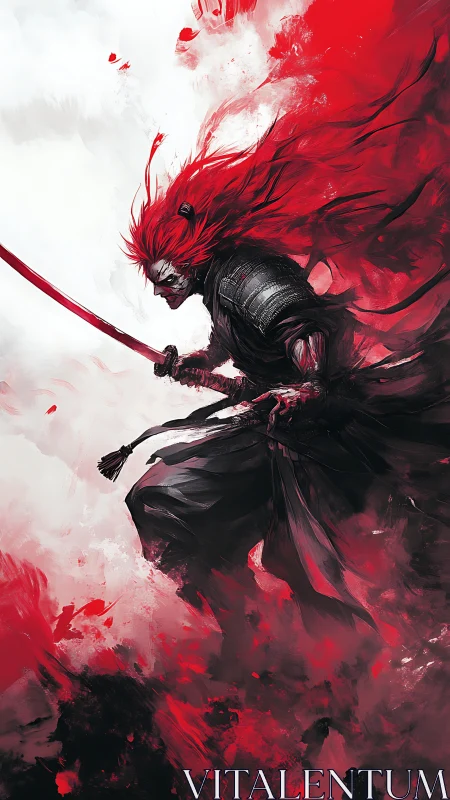 Crimson storm samurai carves fire through swirling silence