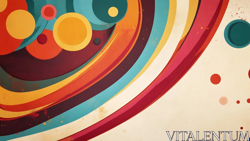 Concentric arcs and circles form bold abstract geometric composition