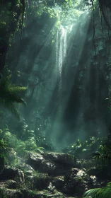 Sunlit Waterfall Cascades Through Ancient Rainforest Canopy.