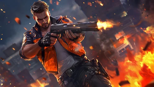 Urban gunfighter striking through blazing city ruins.