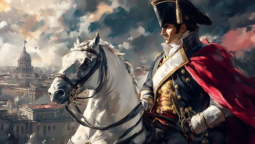 Napoleonic-era officer surveys a stormy city on horseback.
