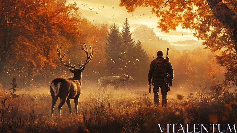 Backlit hunter and stag in volumetric autumn forest atmosphere