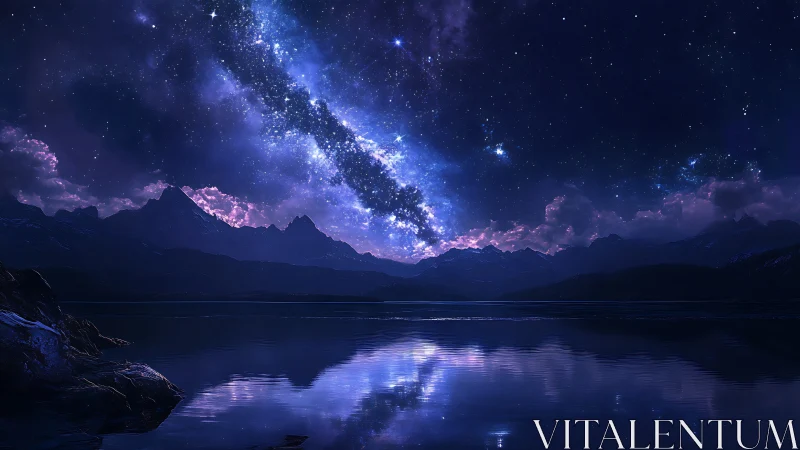 Nocturnal galaxy over alpine lake with luminous reflections.