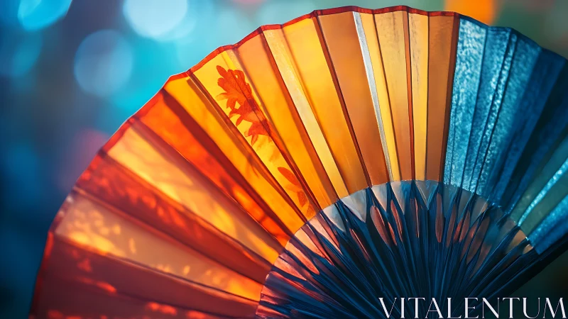 Close-up view of multicolored folding hand fan in light.