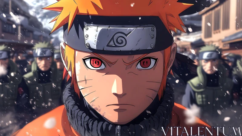 Fiery eyed ninja leads comrades through a wintry village march