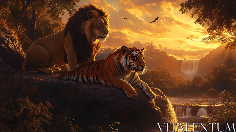 Apex Predators at Golden Hour: Lion and Tiger Against Luminous Landscape
