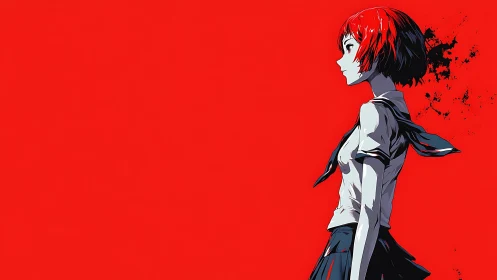 Side profile of student figure on red ground plane.