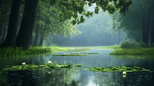 Calm forest river with lily pads and soft morning mist.
