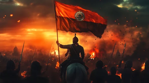 Warrior on horseback raising flag over burning battlefield.
