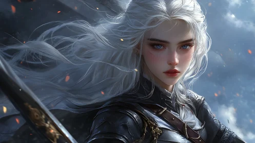 Armored silver haired warrior rendered with high detail lighting effects