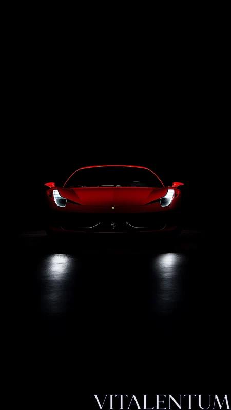 Red sports coupe front view emerges from dark background
