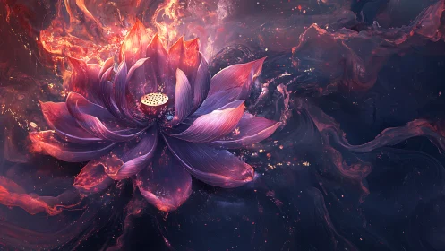Radiant cosmic lotus blossom in swirling nebular light field.